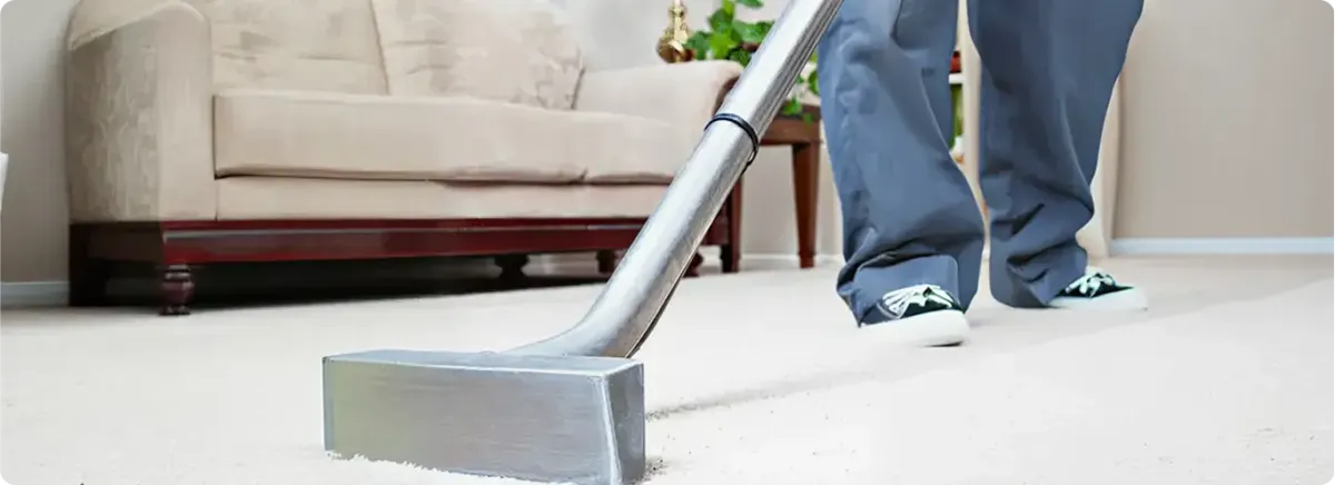 Carpet cleaning technician using a hot-water extraction wand on a light-colored carpet in a living room, Stamford, CT.
